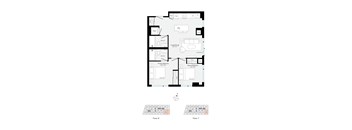 A floor plan of a building with rooms labeled, including a living room, dining room, kitchen, and bathrooms.