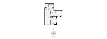 A floor plan of a house with a kitchen, living room, and bathrooms.