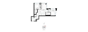 A floor plan of a house with a living room, two bedrooms, a bathroom, and a kitchen.