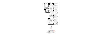 A floor plan of a house with a kitchen, living room, dining room, and three bedrooms.