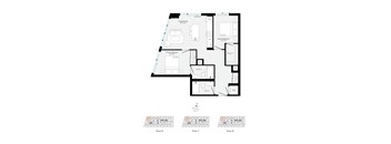 A floor plan of a house with three bedrooms and a garage.