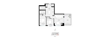 A floor plan of a house with a kitchen, living room, dining room, and two bedrooms.