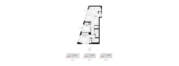 A black and white image of a house floor plan with three different views.