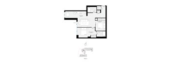 A floor plan of a house with a living room, two bedrooms, a bathroom, and a kitchen.