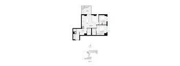 A floor plan of a house with a kitchen, living room, and bedrooms.