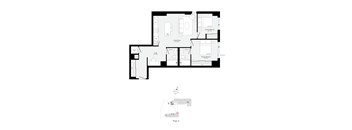 A floor plan of a house with a kitchen, living room, dining room, and two bedrooms.
