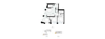 A floor plan of a house with two bedrooms, a living room, a kitchen, and a bathroom.