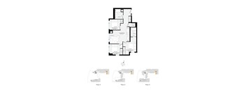 A black and white image of a building layout with three different floor plans.