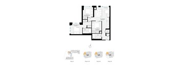 A floor plan of a building with a primary bedroom, bathroom, living room, and kitchen.