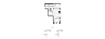 A floor plan of a house with a kitchen, living room, dining room, and two bedrooms.