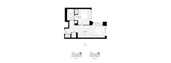 A floor plan of a building with rooms labeled, including a living room, kitchen, and bathrooms.