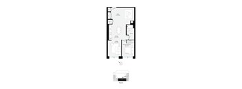 A floor plan of a house with a kitchen, living room, and two bedrooms.