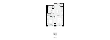 A floor plan of a room with a kitchen, living room, and bathroom.