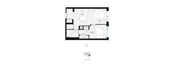 A floor plan of a house with a kitchen, living room, and two bedrooms.
