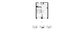 A floor plan of a house with three bedrooms and a living room.
