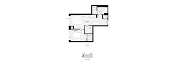 A floor plan of a house with a kitchen, living room, and two bedrooms.