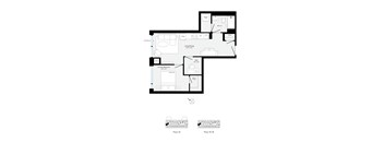 A floor plan of a house with a living room, dining room, kitchen, and two bathrooms.