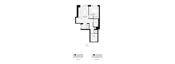 A floor plan of a house with a living room, dining room, kitchen, and two bathrooms.