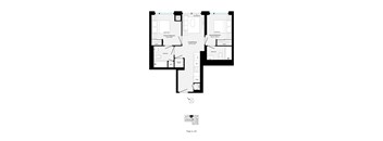 A floor plan of a house with a kitchen, living room, dining room, and two bedrooms.