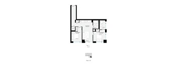 A floor plan of a house with a kitchen, living room, and bathrooms.