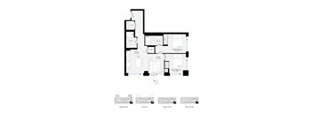 A black and white floor plan of a building with multiple rooms and labeled sections.