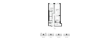 A floor plan of a building with rooms labeled, including a living room, kitchen, and bathrooms.