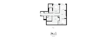 A floor plan of a house with a kitchen, living room, dining room, and two bedrooms.