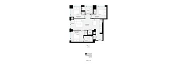 A floor plan of a house with a living room, dining room, kitchen, and two bedrooms.