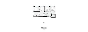 A floor plan of a house with a living room, dining room, kitchen, and two bedrooms.