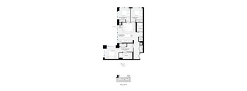 A floor plan of a house with a kitchen, living room, and bathrooms.