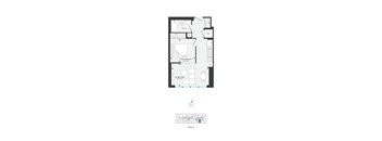 A floor plan of a house with a living room, kitchen, and bathroom.