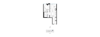 A floor plan of a house with a kitchen, living room, and bathroom.