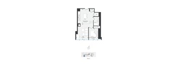 A floor plan of a house with a kitchen, living room, and two bathrooms.