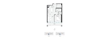 A floor plan of a building with rooms labeled, including a kitchen, living room, and bathrooms.