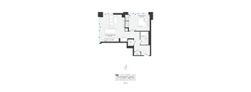 A floor plan of a house with a kitchen, living room, and bathroom.