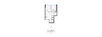 A floor plan of a house with a kitchen, living room, and bathroom.
