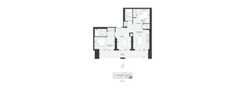A floor plan of a house with a kitchen, living room, and bathroom.