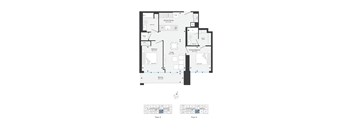 A black and white floor plan of a house with a kitchen, living room, dining room, and bathrooms.