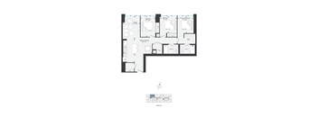 A floor plan of a house with a living room, two bedrooms, a bathroom, and a kitchen.
