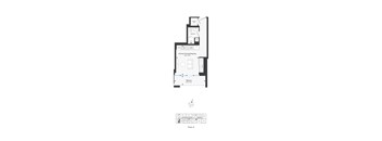 A drawing of a floor plan for a house with a kitchen, living room, and bathroom.