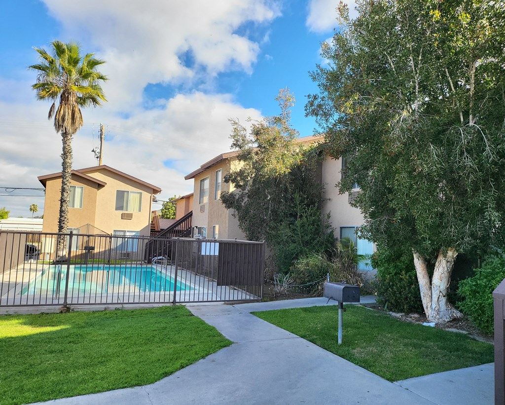a backyard with a pool and a house with a palm tree