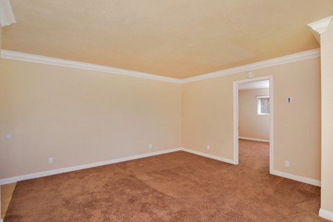 an empty living room with carpet and a door to a bedroom