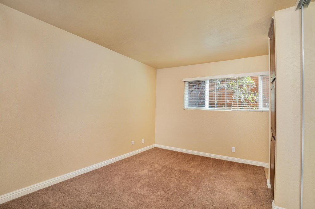 an empty room with a window and carpet