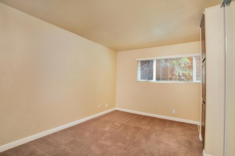 an empty room with a window and carpet