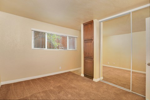 a bedroom with a closet and a window and a door
