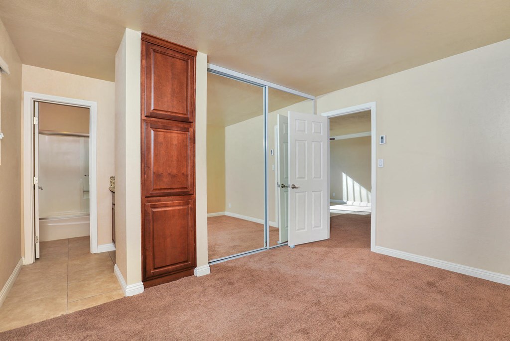 a bedroom with a door to a closet and a mirror