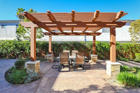 a patio with a table and chairs under a wooden pavilion