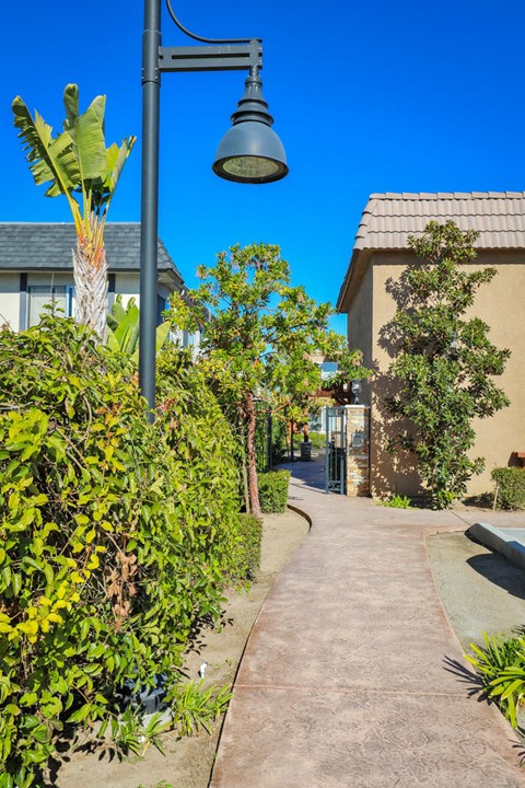a walkway with a street light in front of a building
