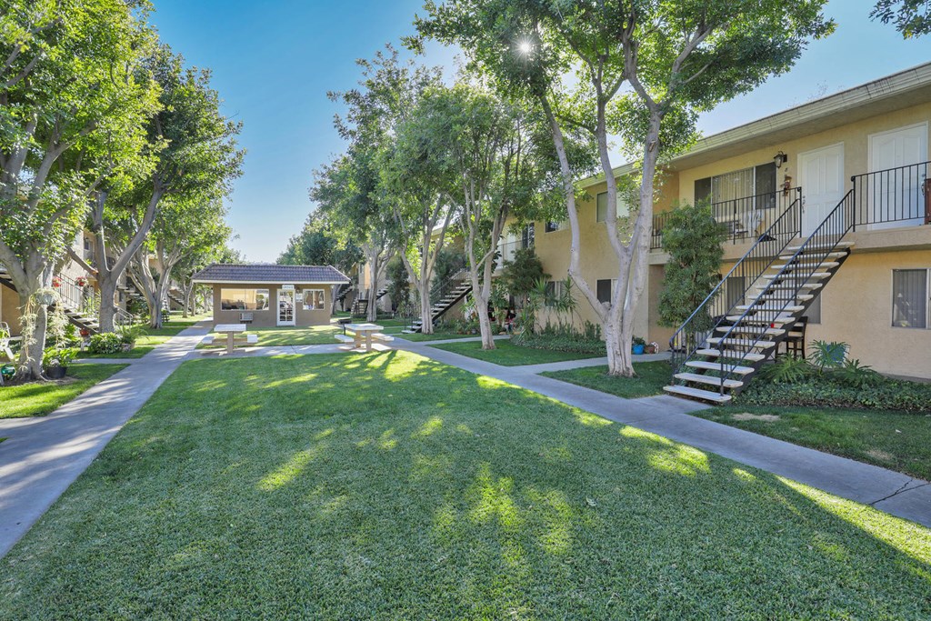 a yard with grass and trees and a building with stairs