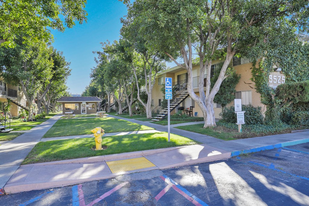a street with a yellow fire hydrant in front of a building